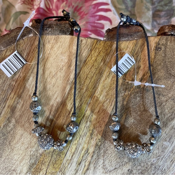 Adjustable Black String Bracelet Rhinestone Pearl Silver Tone Beads LARGE Wrist - Picture 11 of 14